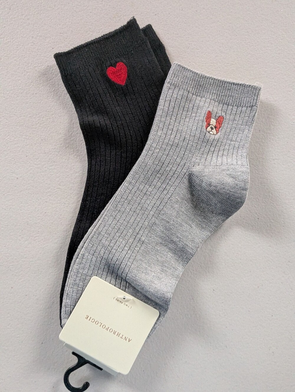 Anthropologie French bulldog And Heart Ribbed Crew Socks